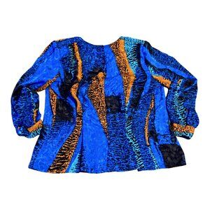 Andre Sauvage Top Womens 10 Abstract Print Blouse Cinch Waist Career Church VTG